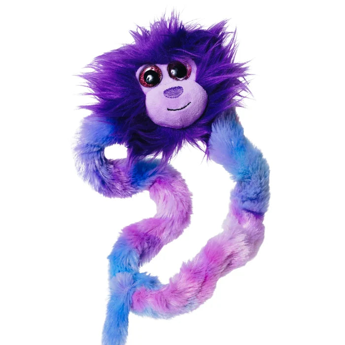 Purple furry monster toy with large sparkly eyes and a long, flexible pink and blue fuzzy body.