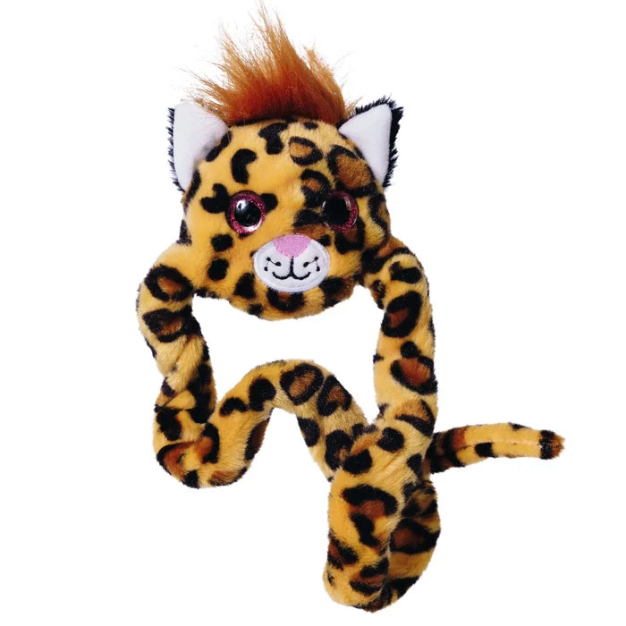 Plush leopard fidget toy with large pink eyes, an orange mohawk, and a long, winding, spotted bendable body.