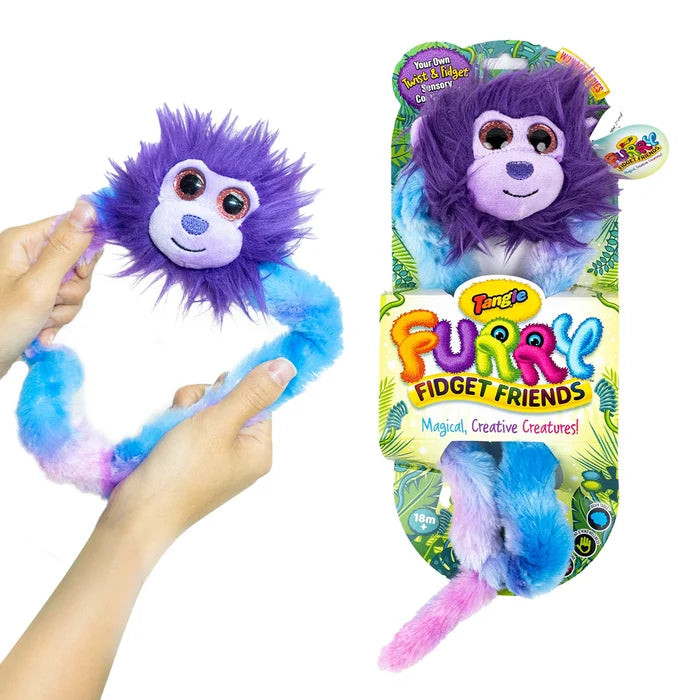 Purple furry monkey toy with flexible blue and pink body, shown being twisted by hands and in its retail packaging.