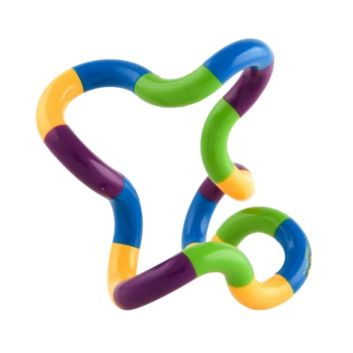 Interconnected, twistable plastic segments in blue, yellow, green, and purple, coiled into a continuous loop.