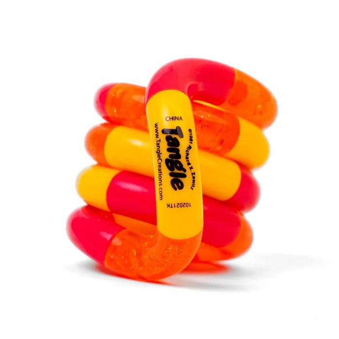Coiled fidget toy with red, yellow, and translucent orange curved segments that interlock and twist.