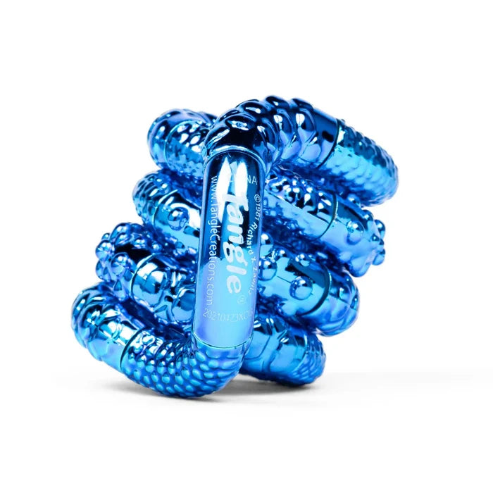 Shiny blue metallic fidget toy with bumpy, textured segments, twisted into a coiled knot.