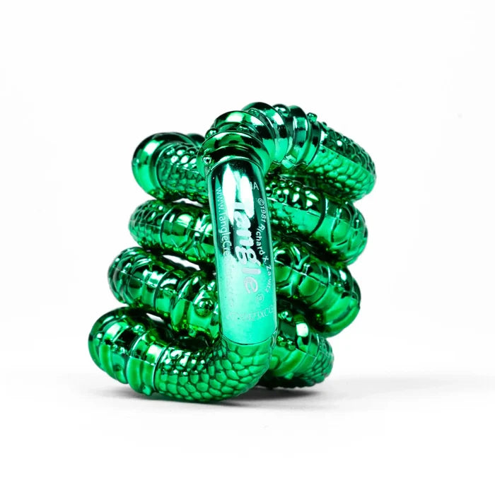 Shiny emerald green metallic fidget toy with textured, interlocking curved segments coiled on a white background.