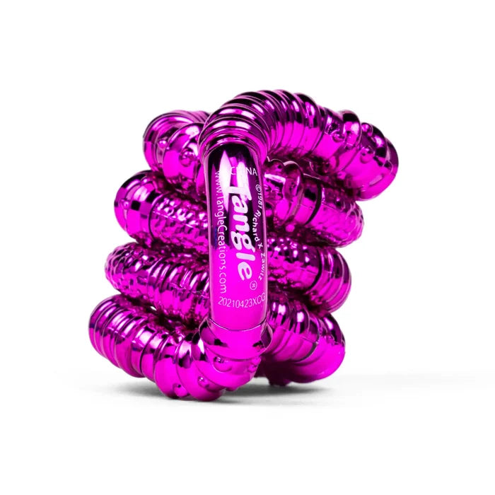Shiny metallic pink fidget toy with interconnected ridged and smooth curved segments, coiled on a white background.