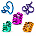 Five shiny metallic fidget toys in blue, purple, pink, green, and orange, shown in coiled and twisted configurations.
