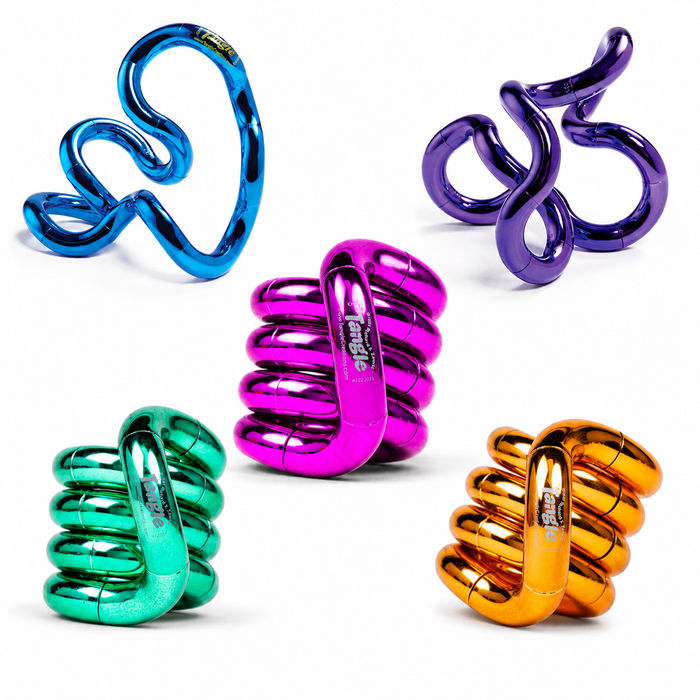 Five shiny metallic fidget toys in blue, purple, pink, green, and orange, shown in coiled and twisted configurations.