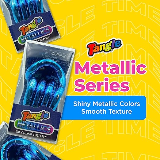 Shiny blue metallic coiled Tangle toy in clear packaging on a yellow background with Metallic Series text.