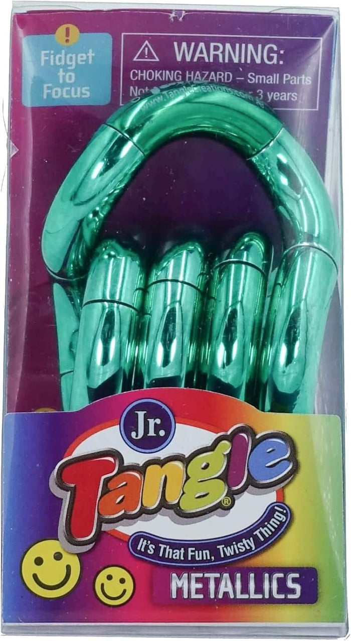 Shiny green metallic Tangle Jr. fidget toy with curved segments in purple and yellow packaging.