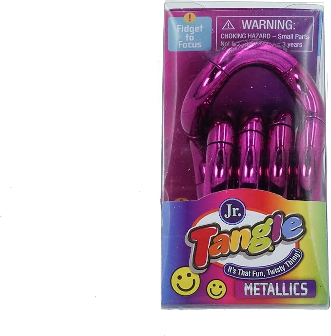 Metallic purple Tangle Jr. fidget toy with shiny curved segments in a clear plastic retail box.