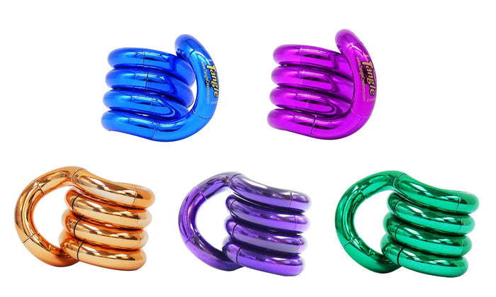 Five shiny metallic fidget toys coiled into loops in blue, magenta, orange, purple, and green on a white background.