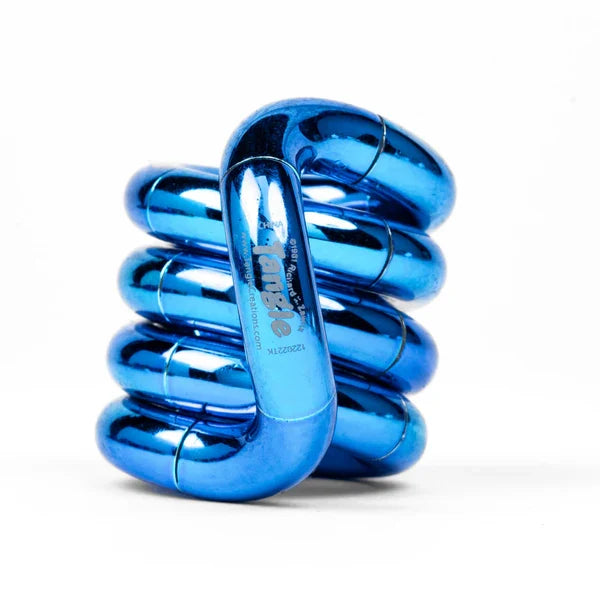 Shiny blue metallic Tangle fidget toy twisted into a coil of reflective, interlocking curved segments.