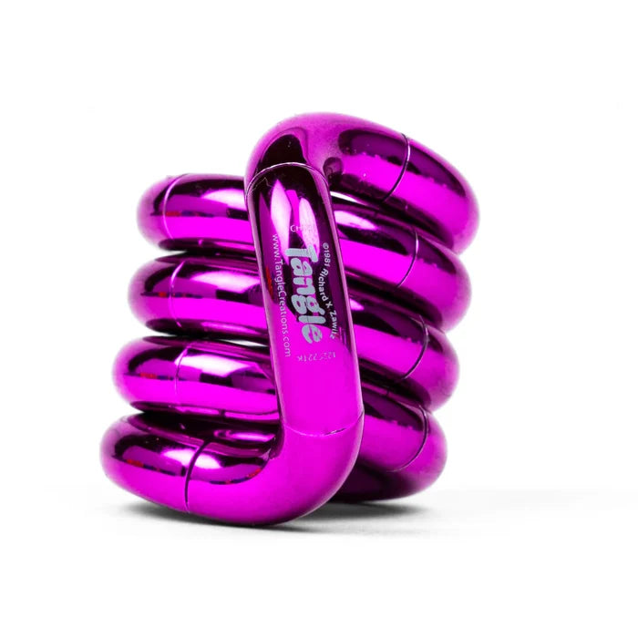 Shiny magenta metallic fidget toy made of interlocking curved segments, twisted into a compact coil.