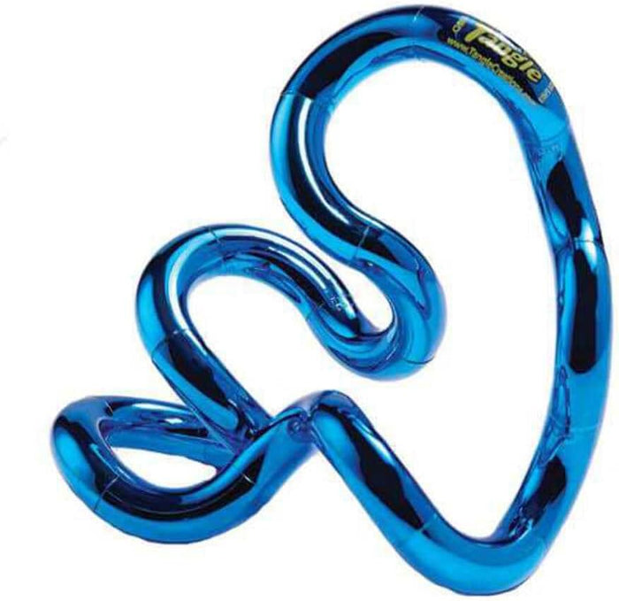 Shiny blue metallic fidget toy made of interlocking curved segments twisted into a looped shape.