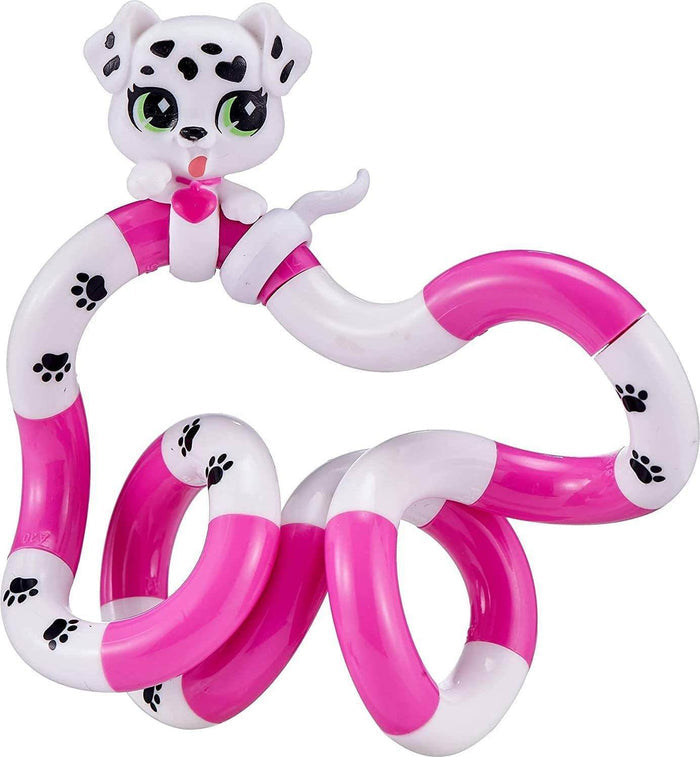 Pink and white jointed twisty toy with black paw prints and a small white Dalmatian puppy head.
