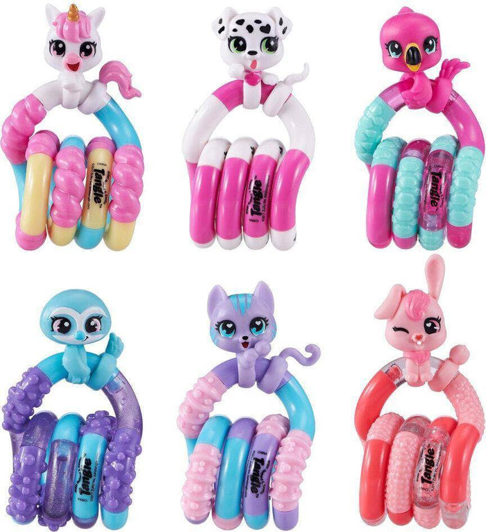 Six animal-themed fidget toys with colorful, textured, twistable segments including a unicorn, cat, and sloth.