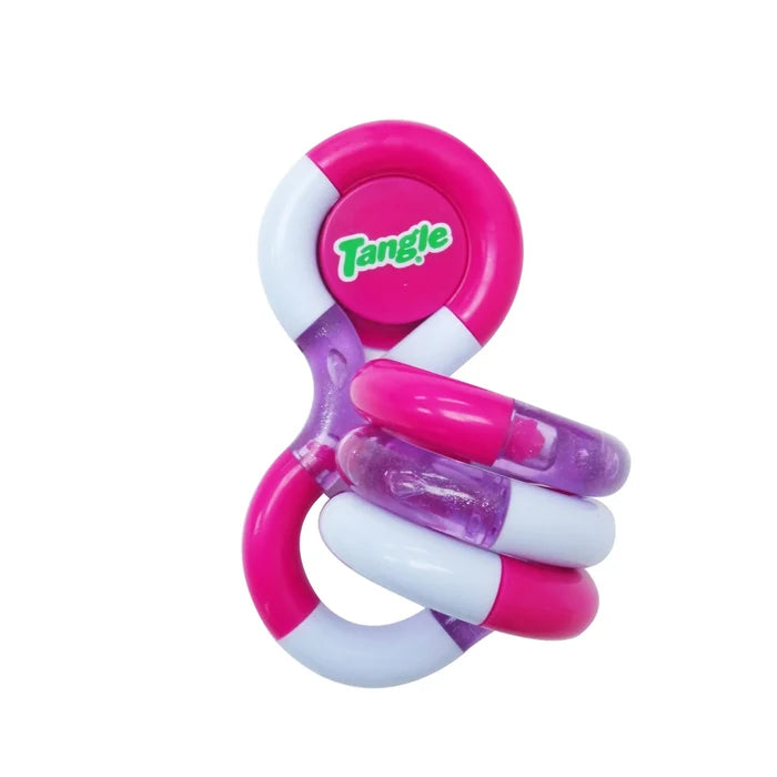 Pink, white, and translucent purple Tangle fidget segments coiled into a loop around a central pink logo hub.