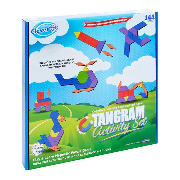 Blue Clever Kidz box showing colorful magnetic tangram foam shapes formed into a rocket, bird, and helicopter.