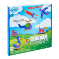 Blue Clever Kidz box showing colorful magnetic tangram foam shapes formed into a rocket, bird, and helicopter.