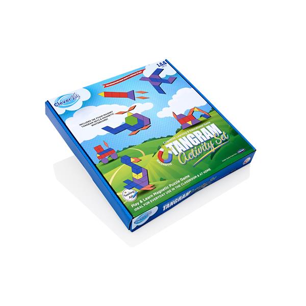 Blue Tangram Activity Set box showing colorful foam magnet pieces forming a rocket, helicopter, and bird.