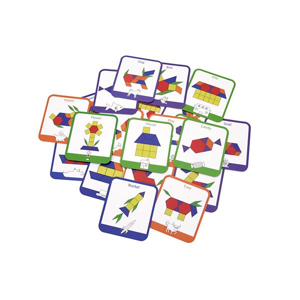 Colorful cards featuring geometric shape puzzles forming images of a rocket, house, flower, and dog.