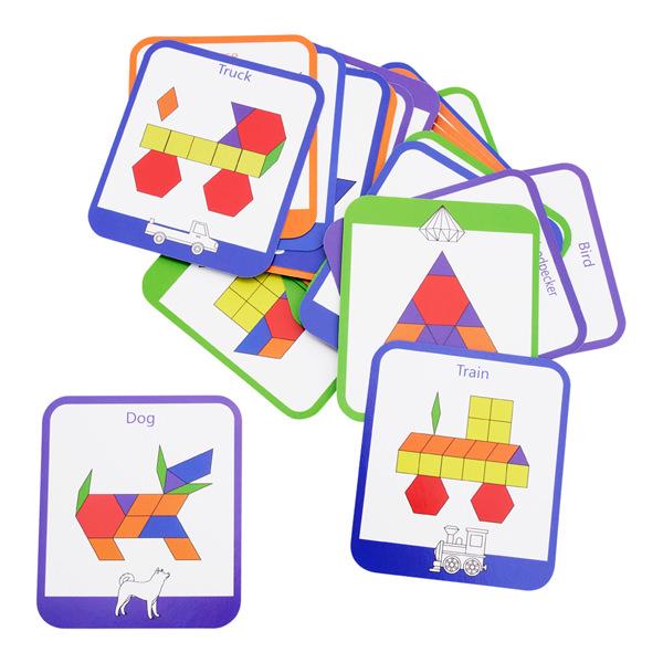 Colorful tangram activity cards featuring geometric shape puzzles of a dog, train, and truck.