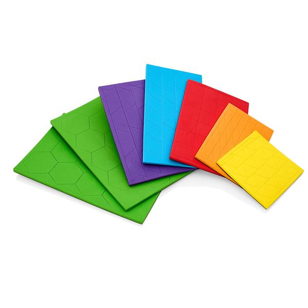 Set of colorful foam sheets in rainbow colors with pre-cut geometric shapes like hexagons, diamonds, and triangles.