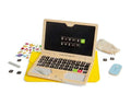 Wooden toy laptop with magnetic screen, letter tiles, blue wooden mouse, stickers, and yellow felt case.