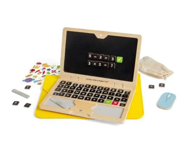 Wooden toy laptop with magnetic screen, letter tiles, blue wooden mouse, stickers, and yellow felt case.