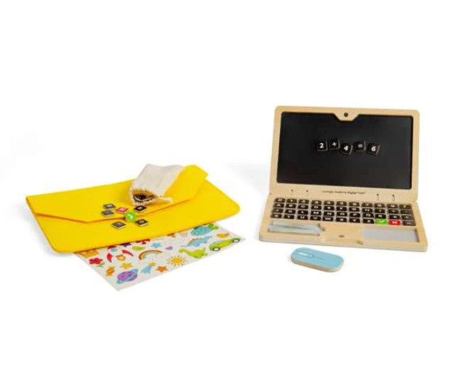 Wooden toy laptop with a chalkboard screen, blue mouse, yellow felt carry case, and sheet of colorful stickers.