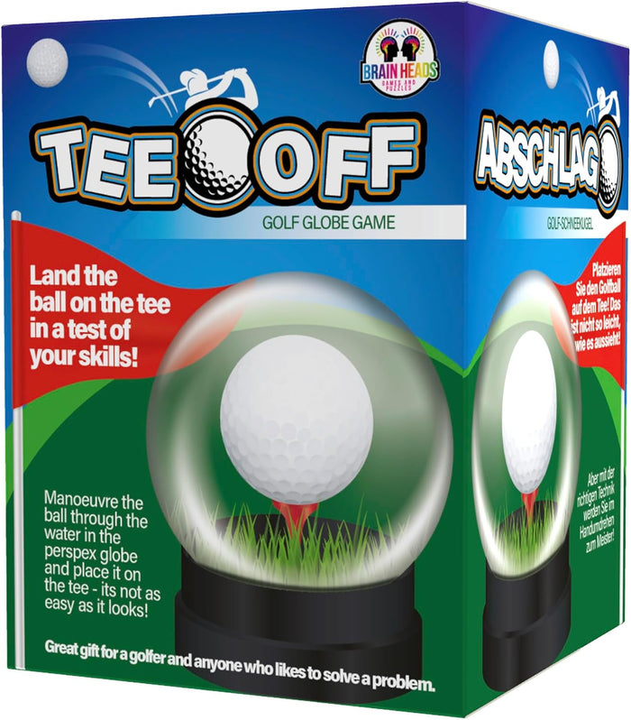 Blue and green box for a golf globe game showing a clear sphere with a golf ball, red tee, and green grass.