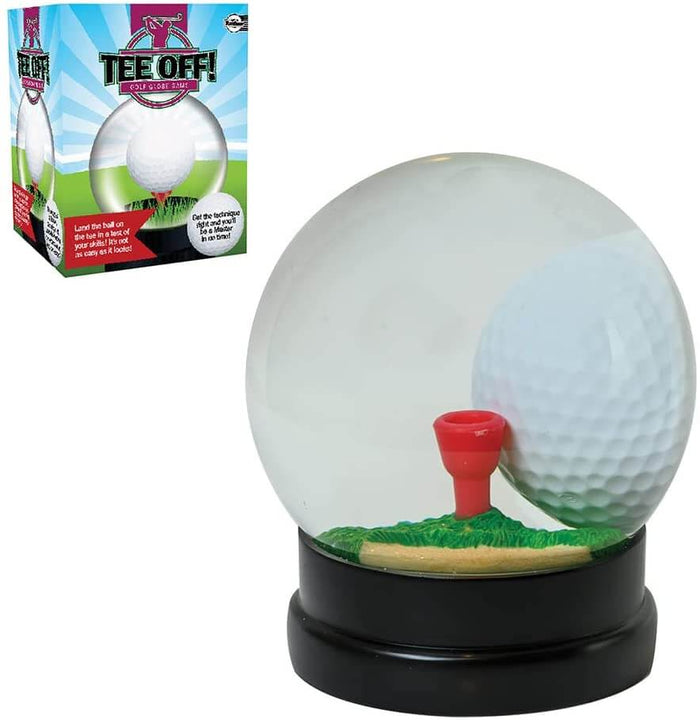 Clear water-filled globe with a white golf ball and red tee on a black base, shown next to its colorful product box.