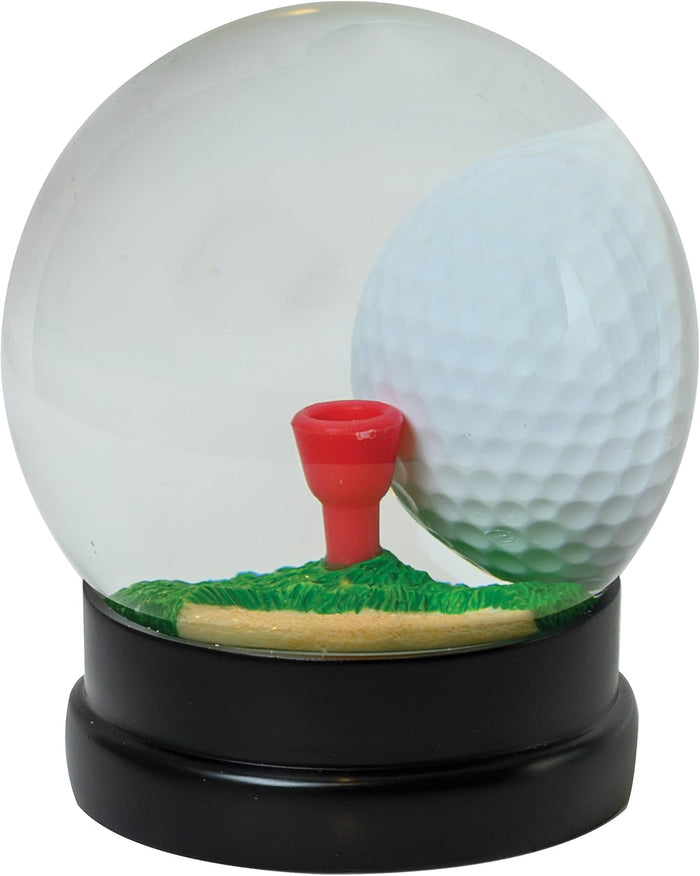Clear golf ball puzzle globe with a red tee, green grass, and sand trap on a tiered black base.