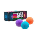 Purple, blue, and orange fuzzy, textured balls in front of a black box with colorful neon lettering and patterns.