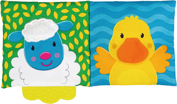 Fabric book pages showing a blue sheep and yellow chick with a scalloped yellow textured teether at the bottom.