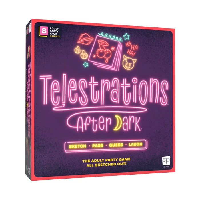 Purple square box with neon pink script and glowing neon-style icons of cherries, lips, and flames.
