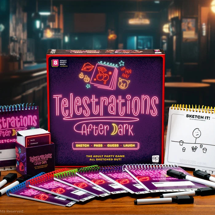 Purple adult party game box with neon pink text, eight colorful spiral sketchbooks, markers, and cards on a bar table.