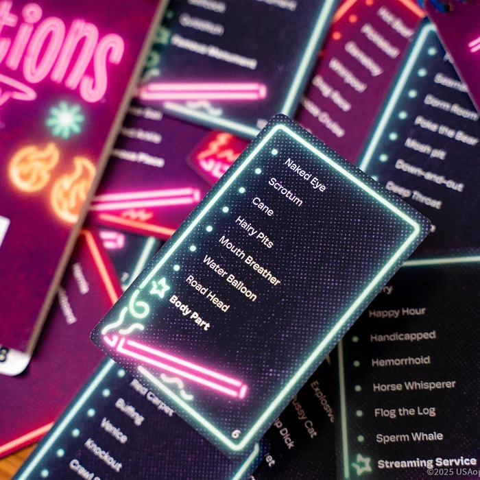 Neon-themed game cards with adult phrases like Hairy Pits and Scrotum on a dark purple background.