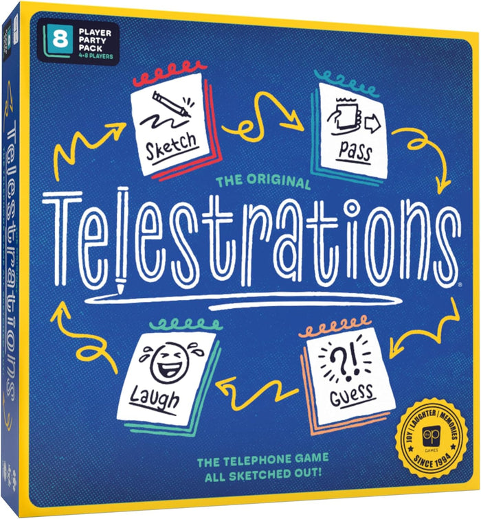 Blue square box with yellow edges, featuring white Telestrations logo and icons for sketching, passing, and guessing.