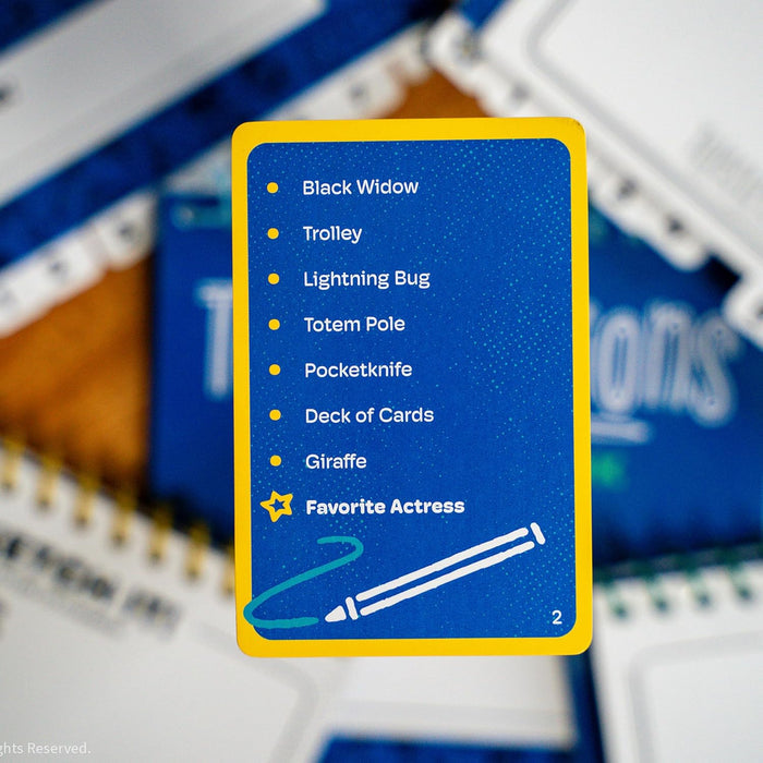 Blue game card with a yellow border listing prompt words like Black Widow and Giraffe above a white pencil icon.