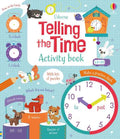Colorful activity book cover featuring cartoon animals, analog clocks, and a large practice clock face on a blue background.
