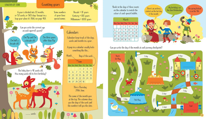 Colorful two-page spread from an activity book with time-themed math puzzles, calendars, and cute animal illustrations.