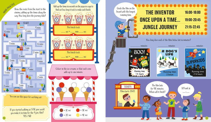 Open pages of a children's workbook featuring colorful movie-themed math puzzles and a maze for practicing telling time.