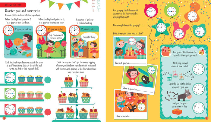 Vibrant children's activity book spread with analog clock games, cupcake puzzles, and party-themed illustrations.