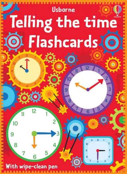 Bright red cover featuring several colorful analog clock faces and mechanical gear designs for learning to tell time.