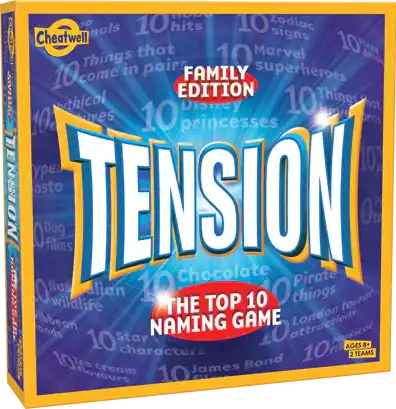 Square purple and yellow box with a large blue TENSION logo, red banners, and game category text in the background.