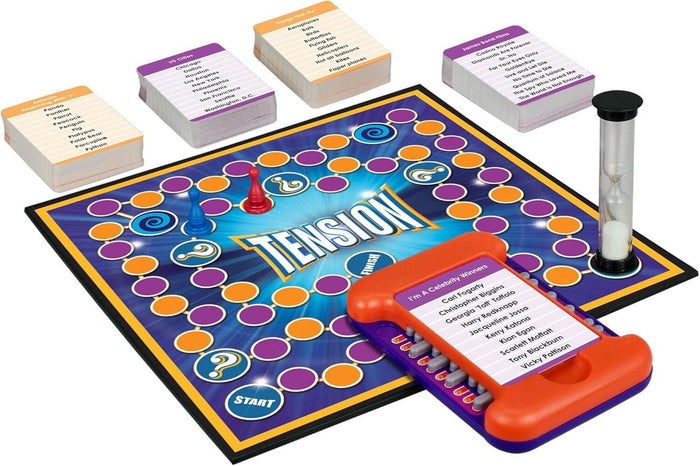 Colorful board game with circular paths, category card decks, a red pawn, sand timer, and an orange handheld scorer.