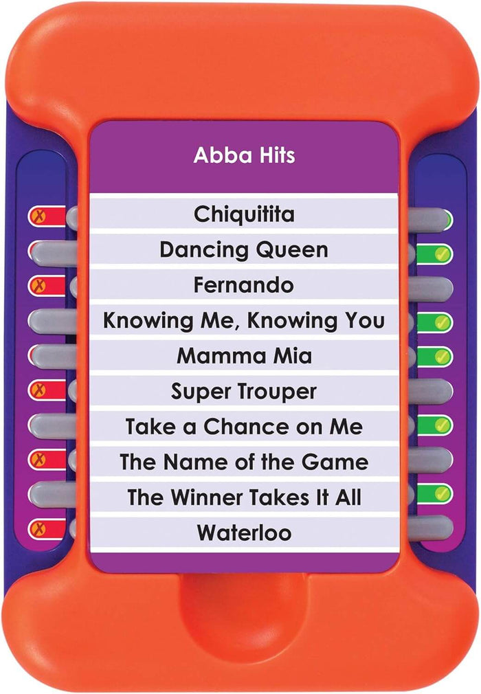 Orange handheld game device with a list of Abba songs and red and green scoring sliders along the sides.