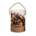 Clear plastic cylinder with a rope handle filled with small tan, brown, and black toy horse figurines.