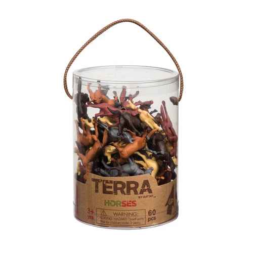 Clear plastic cylinder with a rope handle filled with small tan, brown, and black toy horse figurines.