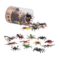 Assorted colorful toy insects spilling from a clear plastic tube, including spiders, beetles, and scorpions.